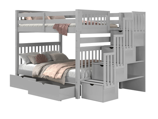 Gray full-over-full bunk bed showing stairway placement on the left or right