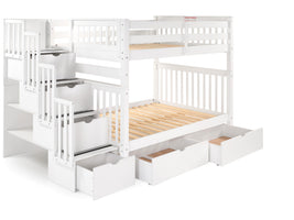 Full over Full  Bunk Bed White with 4 Step Stairway and 2 Drawers