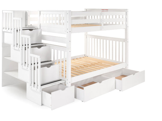 White full-over-full bunk bed with two under-bed storage drawers showing the four-step stairway