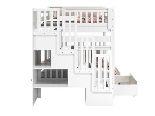 Four built-in storage drawers in the stairway of a white BK981 bunk bed