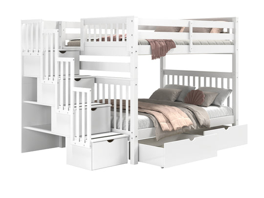 White full-over-full stairway bunk bed with two under-bed storage drawers