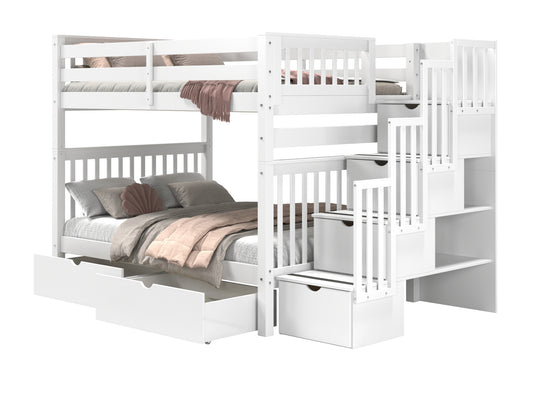 White full-over-full bunk bed showing stairway placement on the left or right