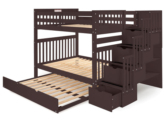 Dark Cherry full-over-full bunk bed with full trundle showing the four-step stairway