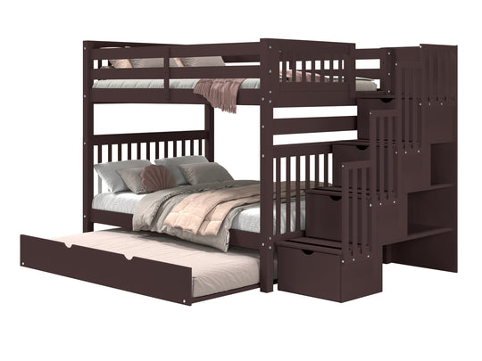 Dark Cherry full-over-full stairway bunk bed with full trundle