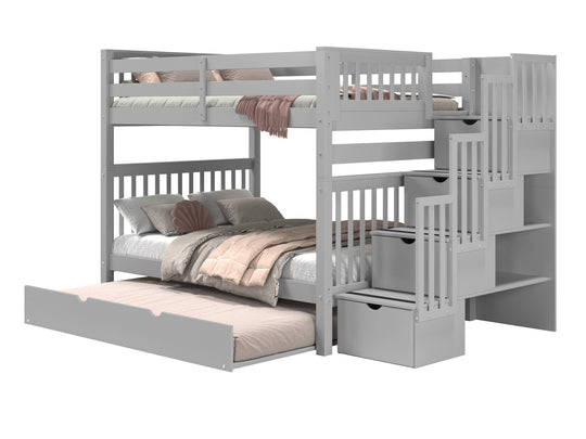 Gray full-over-full stairway bunk bed with full trundle