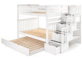 Full over Full  Bunk Bed White with 4 Step Stairway and a Full Trundle