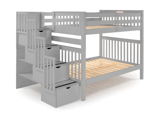 Gray full-over-full bunk bed showing the four-step stairway