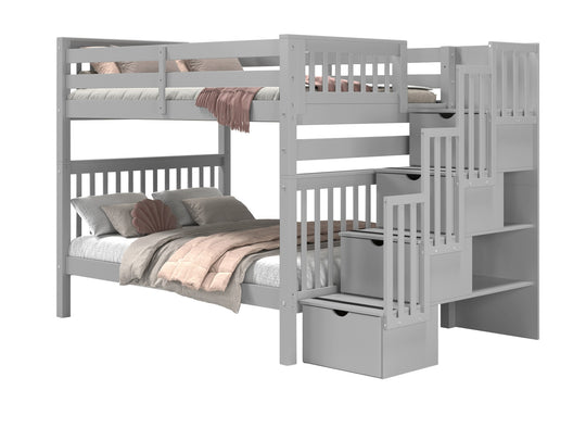 Gray full-over-full bunk bed showing stairway placement on the left or right