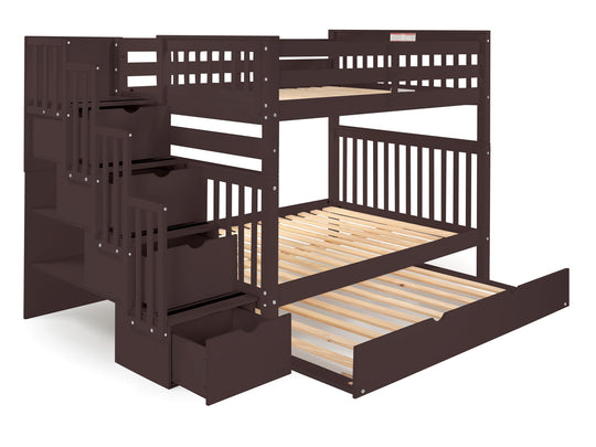 Dark Cherry full-over-full bunk bed with twin trundle showing the four-step stairway