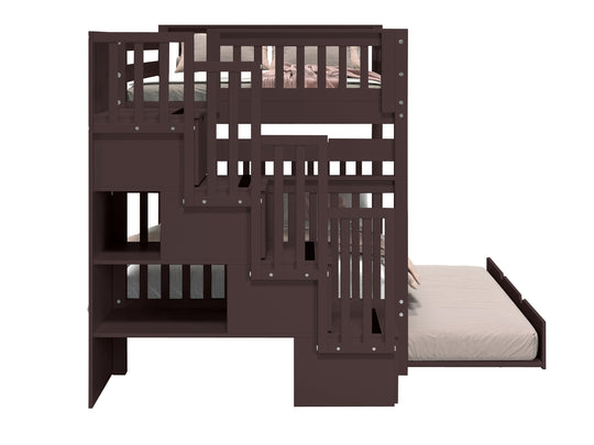 Four built-in storage drawers in the stairway of a dark cherry BK981 bunk bed