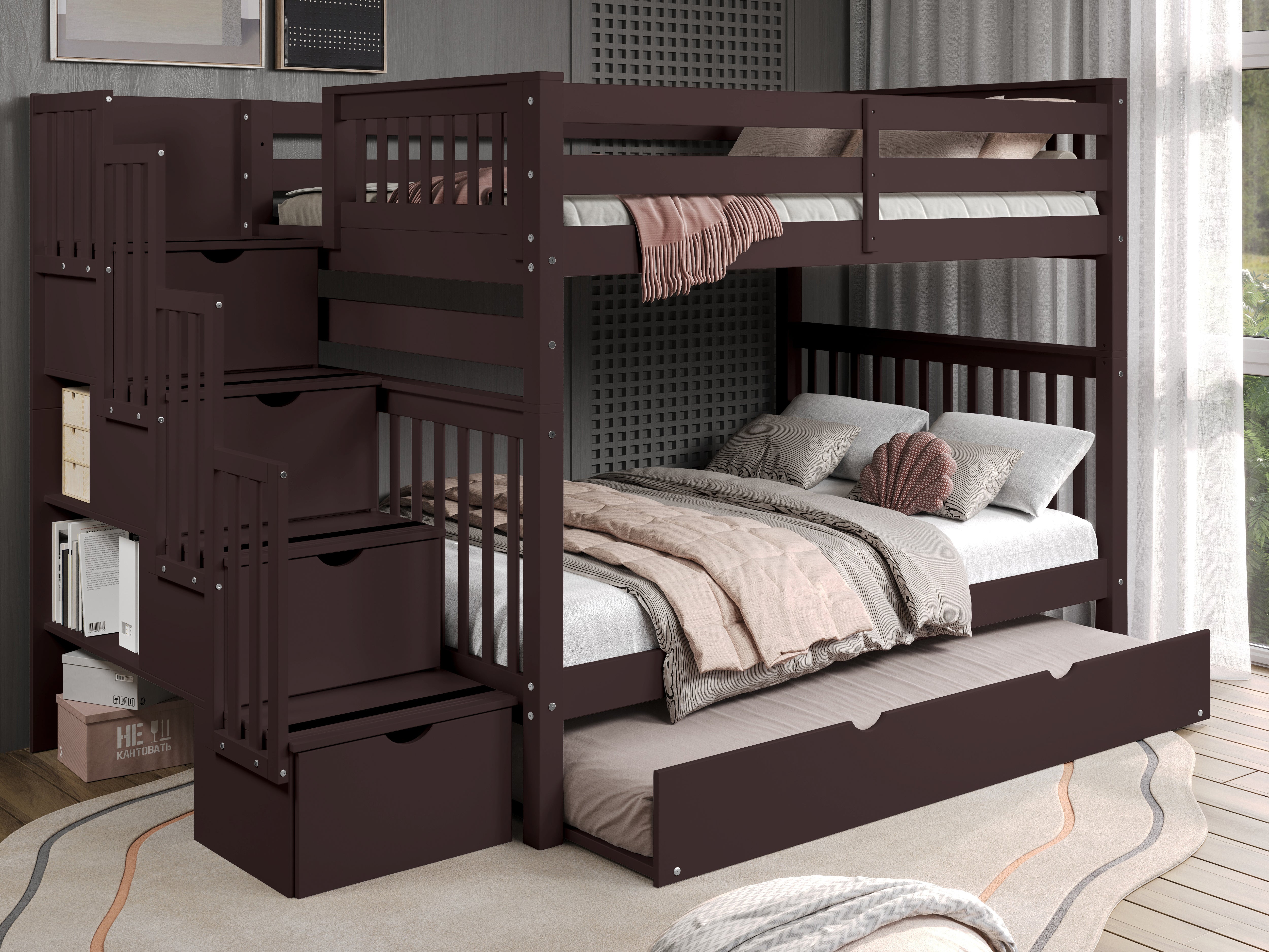 家具 Bunk bed Bunk Beds Full over Full Stairway in Dark Cherry