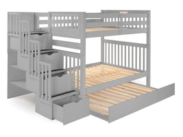 Full over Full  Bunk Bed Gray with 4 Step Stairway and a Twin Trundle