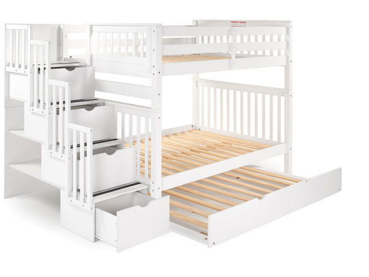Full over Full  Bunk Bed White with 4 Step Stairway and a Twin Trundle
