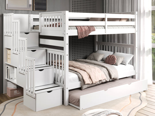This Full over Full  Bunk Bed with Stairs with a Twin Trundle in White  will look great in your child's bedroom