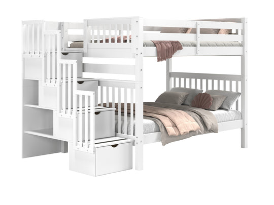 White full-over-full stairway bunk bed