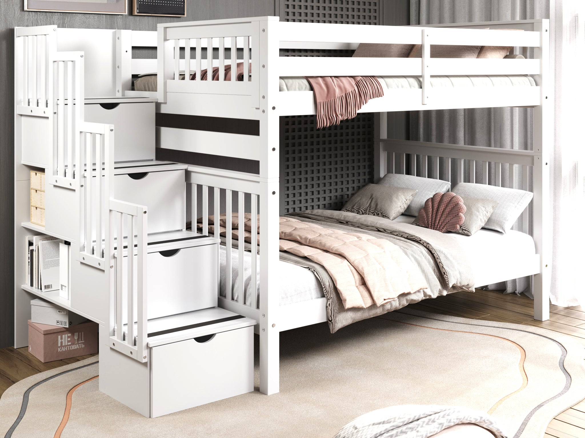 Bunk Beds Full over Full Stairway in White