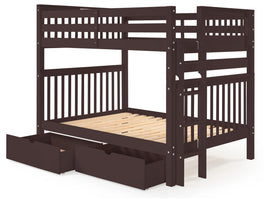 Full over Full Bunk Bed Dark Cherry with End Ladder and 2 Under Bed Drawers