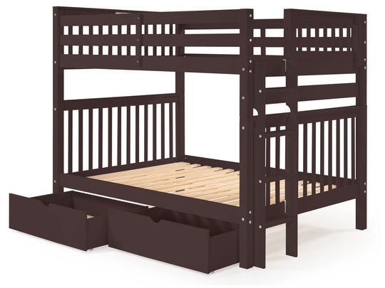 Dark Cherry full-over-full bunk bed with two under-bed storage drawers showing the four-step end ladder