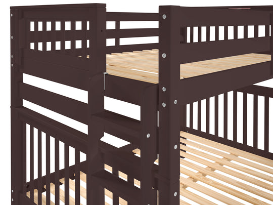 Four-step end ladder and upper-bunk entry on a dark cherry full-over-full bunk bed