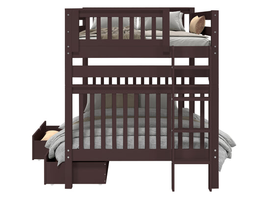 Bedroom view of a dark cherry full-over-full end-ladder bunk bed with two under-bed storage drawers