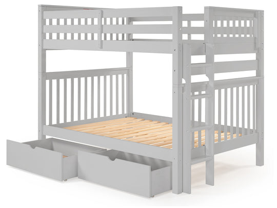 Gray full-over-full bunk bed with two under-bed storage drawers showing the four-step end ladder
