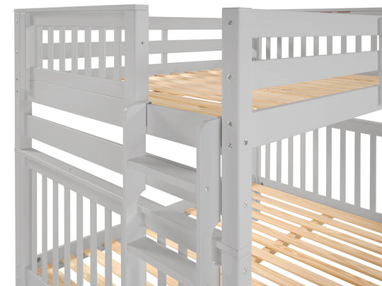 Four-step end ladder and upper-bunk entry on a gray full-over-full bunk bed