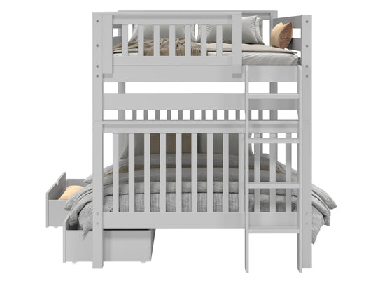 Bedroom view of a gray full-over-full end-ladder bunk bed with two under-bed storage drawers