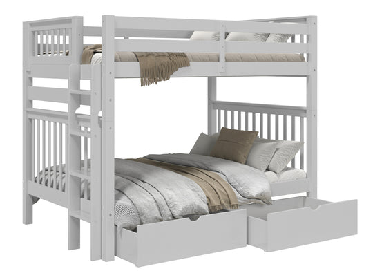 Gray full-over-full bunk bed showing front and back ladder placement options