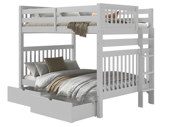Gray full-over-full end-ladder bunk bed with two under-bed storage drawers