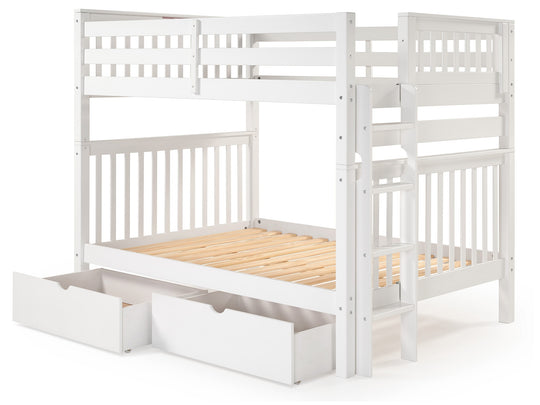 White full-over-full bunk bed with two under-bed storage drawers showing the four-step end ladder