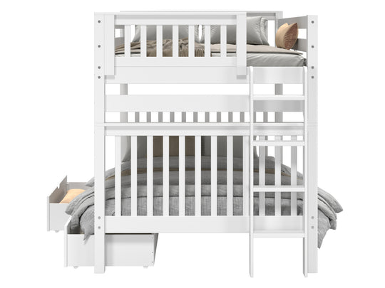 Bedroom view of a white full-over-full end-ladder bunk bed with two under-bed storage drawers