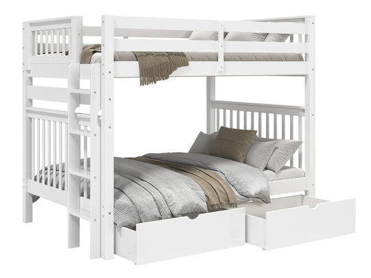 White full-over-full bunk bed showing front and back ladder placement options