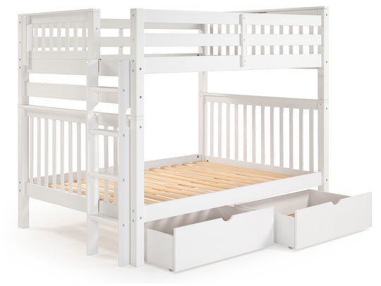 White full-over-full bunk bed showing ladder placement at either end
