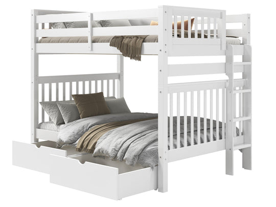 White full-over-full end-ladder bunk bed with two under-bed storage drawers