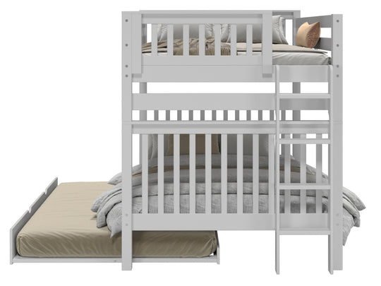 Bedroom view of a gray full-over-full end-ladder bunk bed with full trundle