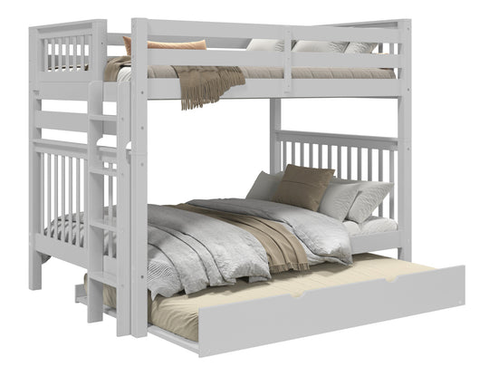 Gray full-over-full bunk bed showing front and back ladder placement options