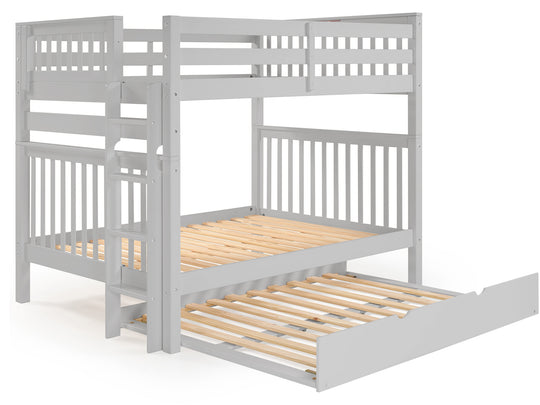 Gray full-over-full bunk bed showing ladder placement at either end