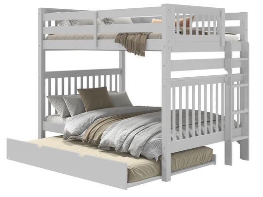 Gray full-over-full end-ladder bunk bed with full trundle