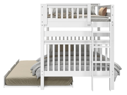 Bedroom view of a white full-over-full end-ladder bunk bed with full trundle