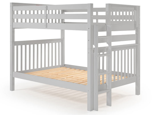 Gray full-over-full bunk bed showing the four-step end ladder