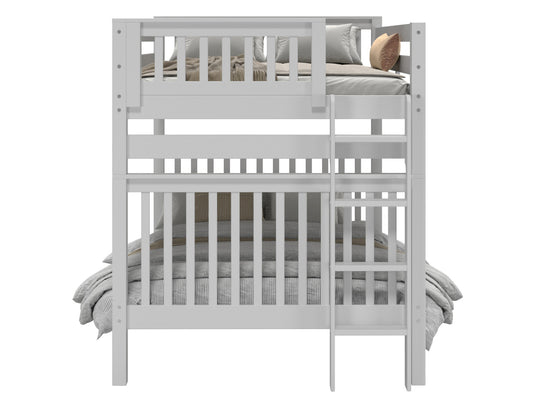 Bedroom view of a gray full-over-full end-ladder bunk bed