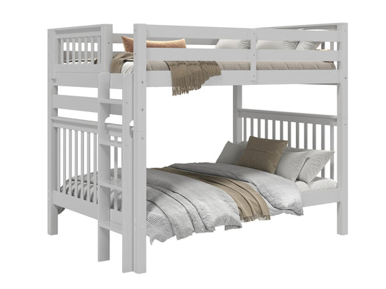 Gray full-over-full bunk bed showing front and back ladder placement options