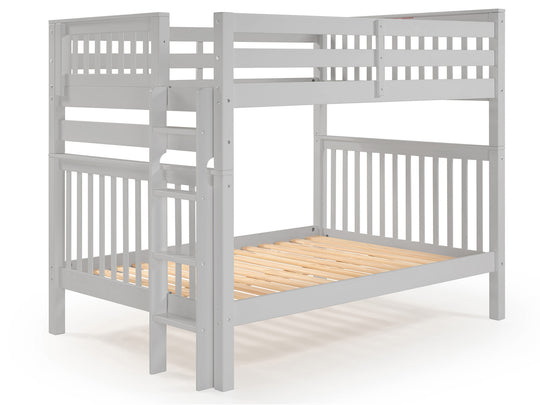 Gray full-over-full bunk bed showing ladder placement at either end