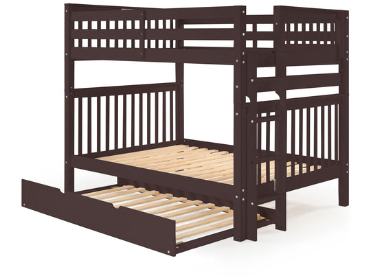 Dark Cherry full-over-full bunk bed with twin trundle showing the four-step end ladder