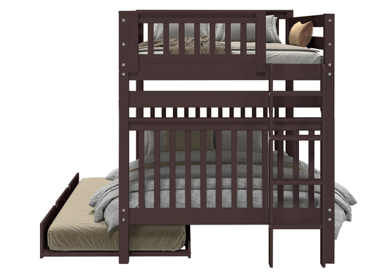 Bedroom view of a dark cherry full-over-full end-ladder bunk bed with twin trundle