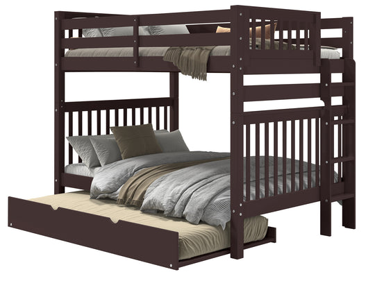 Dark Cherry full-over-full end-ladder bunk bed with twin trundle