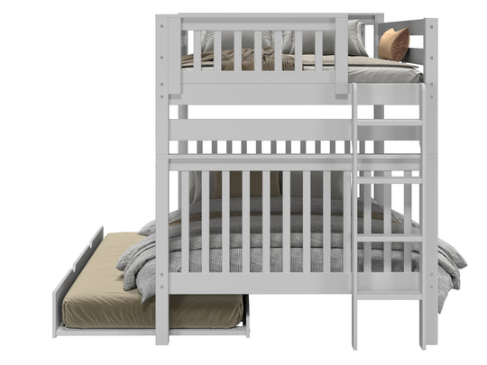 Bedroom view of a gray full-over-full end-ladder bunk bed with twin trundle