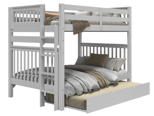 Gray full-over-full bunk bed showing front and back ladder placement options
