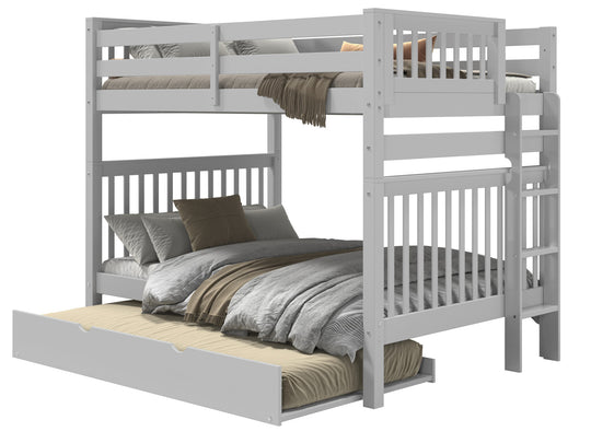 Gray full-over-full end-ladder bunk bed with twin trundle
