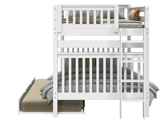 Bedroom view of a white full-over-full end-ladder bunk bed with twin trundle